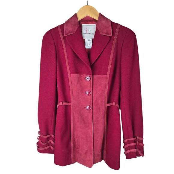 Vintage Tomaso Stefanelli Burgundy Wool & Suede Trim Blazer Jacket With Button C - Picture 1 of 9
